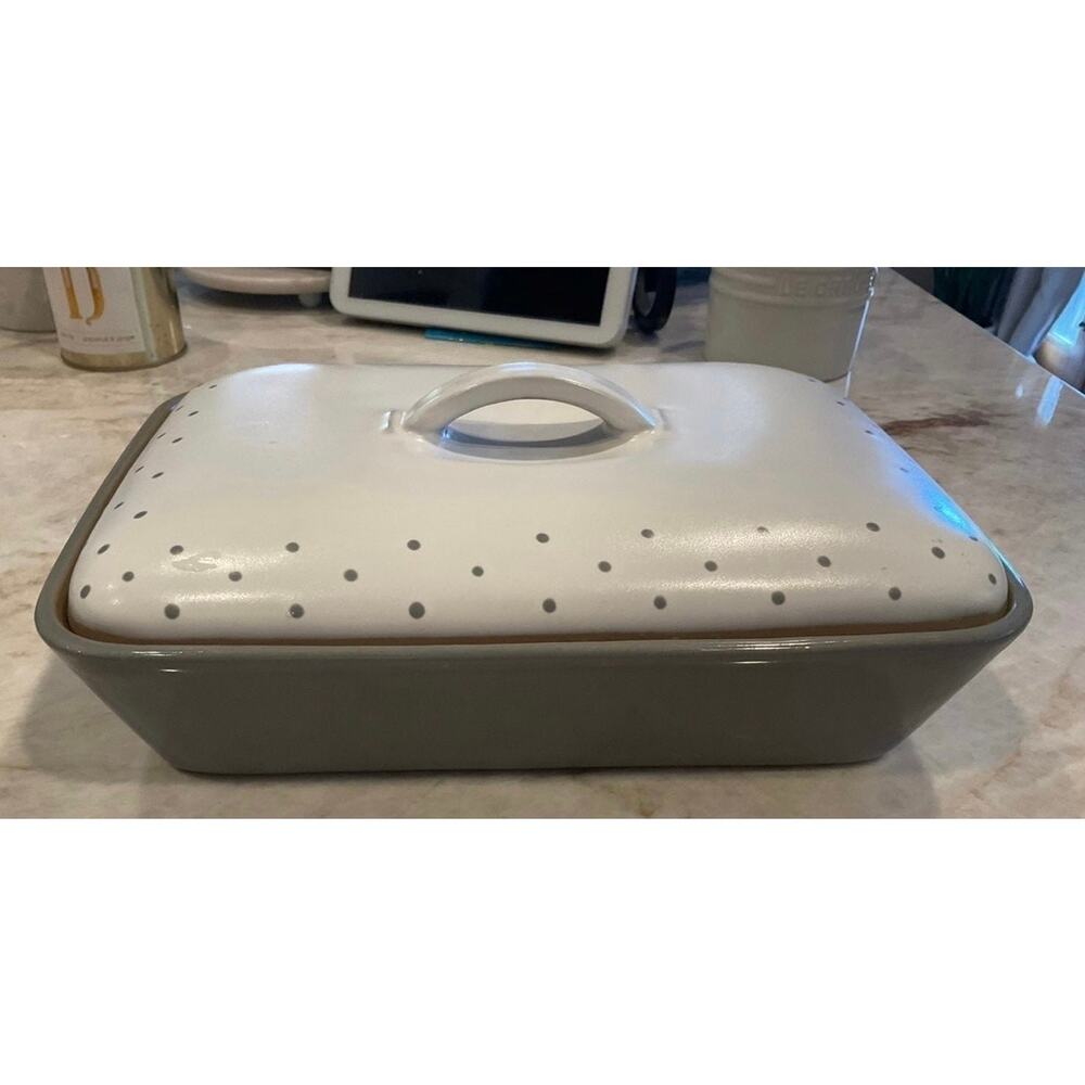 Denby England stoneware covered  baker gray and white polka dots